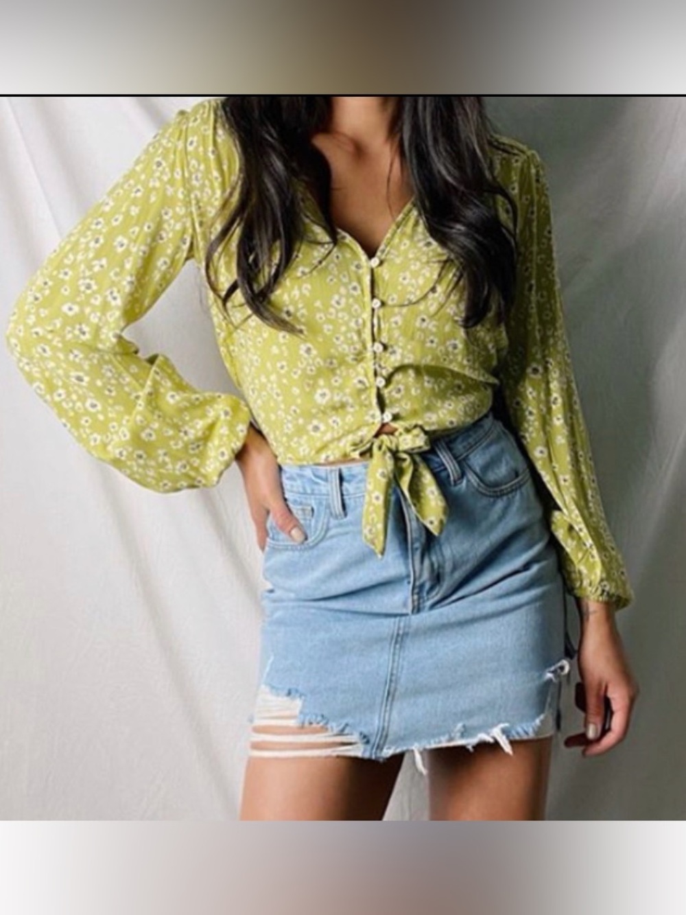 Green Floral Tie-Front Blouse